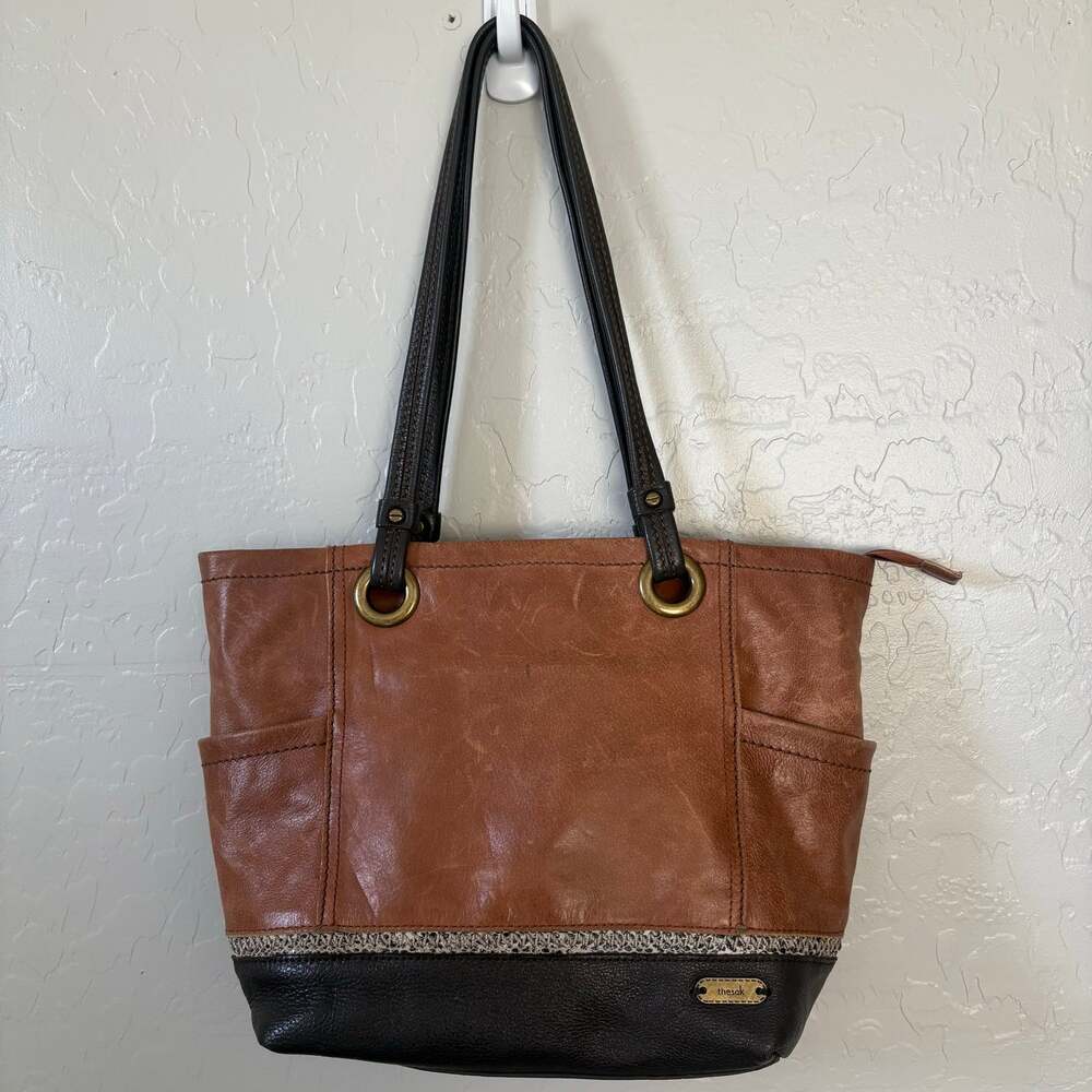 The Sak Landis Leather Tote Bag Cognac Brown Colorblock Boho Shoulder Purse